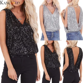 

KANCOOLD Women Mesh Vest Ladies Casual Fashion Sequined Deep V-neck Backless Vest Sling Backless Tank Tops Female Sexy Clothing