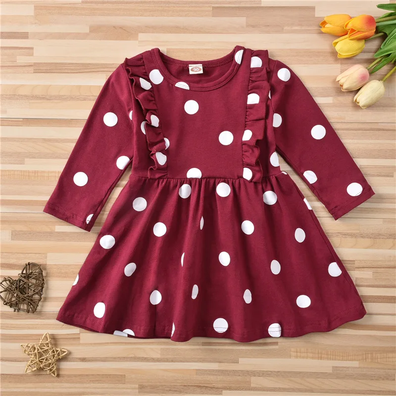 

Осеннее праздничное платье принцессы с длинным рукавом, детские платья с оборками, платье для девочек в горошек, милое платье, детское повседневное мини-платье