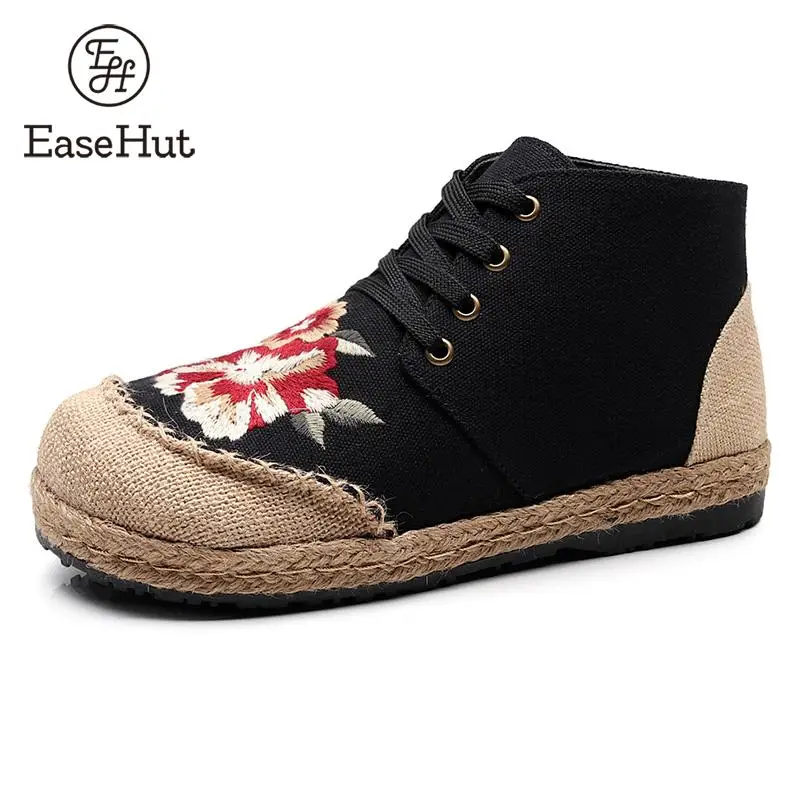 

EaseHut Women Ethnic Floral Embroidered Flats Lace Up Low Heels Vintage Boho Canvas Linen Casual Shoes Female For Ladies
