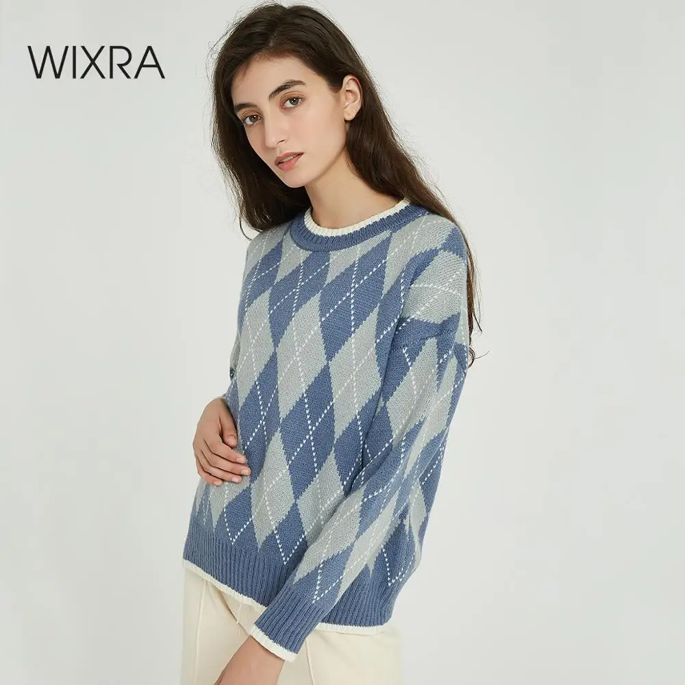 

Wixra Womens Sweaters 2019 Autumn Winter Tops Geometric Patchwork Sweater Women Thick Warm Knitted Pullover Jumpers