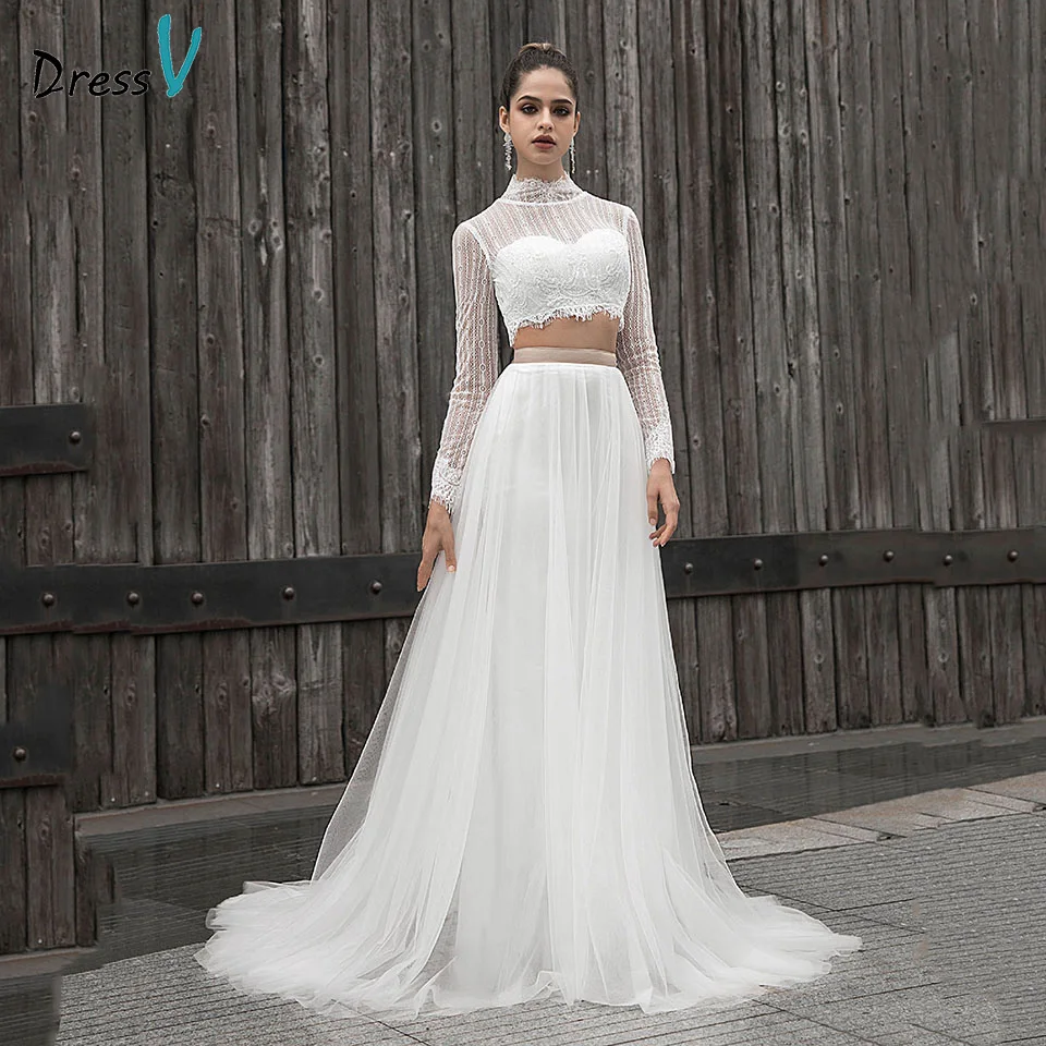 Dressv свадебное платье трапециевидной формы с высоким воротом из двух частей, с длинными рукавами, с кружевными лентами и пуговицами, для улицы и церкви, свадебные платья на заказ