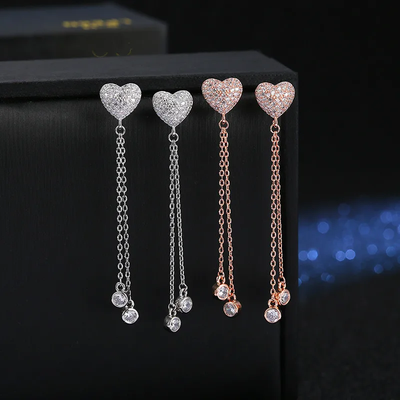

Elegant Dazzling Heart Tassel Long Earrings AAA Cubic Zirconia Dangle Earrings Wedding Drop Earrings Bridal Jewelry Party Gifts