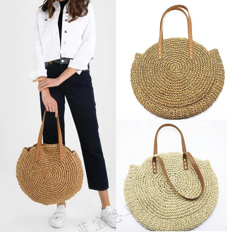 

New Large Capacity Women Totes Bag Manual Straw Weaving Zipper Handbag Summer Casual Beach Shoulder Handbag Ladies Croosbody Bag
