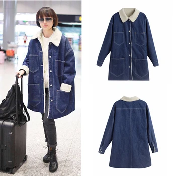 

Winter plus velvet imitation lamb fur lapels stitching denim jacket women new fashion loose office lady denim jacket female K254