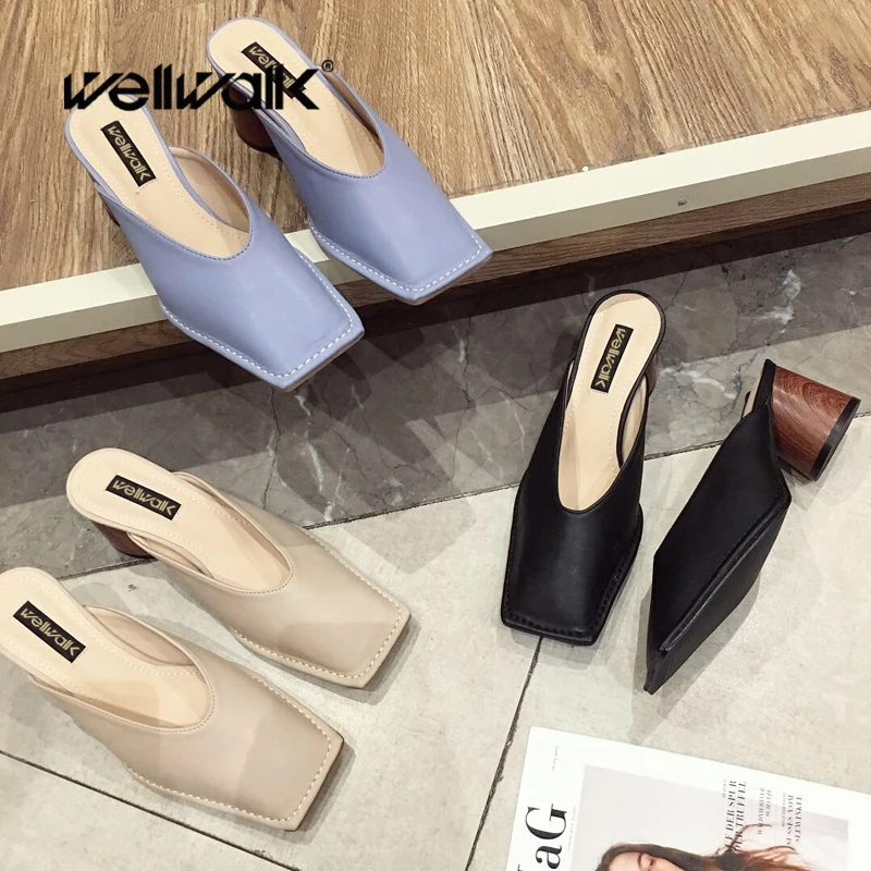 Wellwalk/женские шлепанцы с квадратным носком женские тапочки на деревянном каблуке