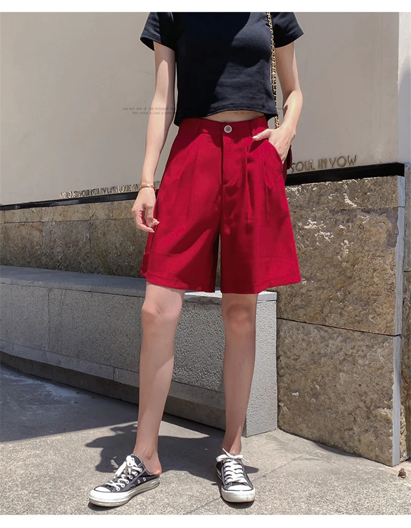 Летние повседневные шорты женские свободные широкие брюки Pantalon Femme высокая посадка на пуговице, абрикосовые шорты женская, одноцветная s-xxl