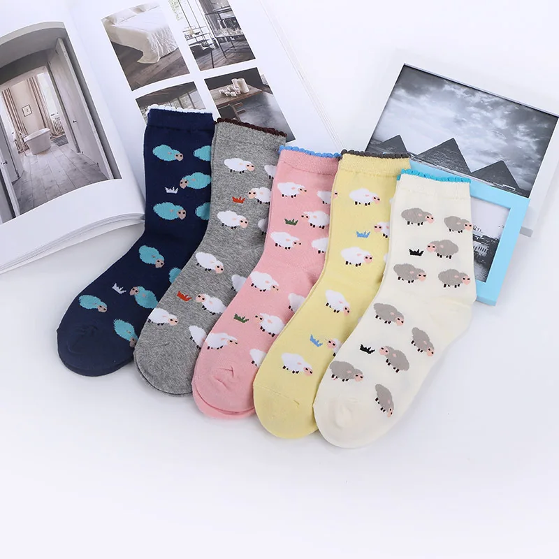 Милые Носки с рисунком овечки; женские теплые хлопковые Забавные милые носки Kawaii; красивые носки в Корейском стиле Harajuku; уличная мода; Skarpetki