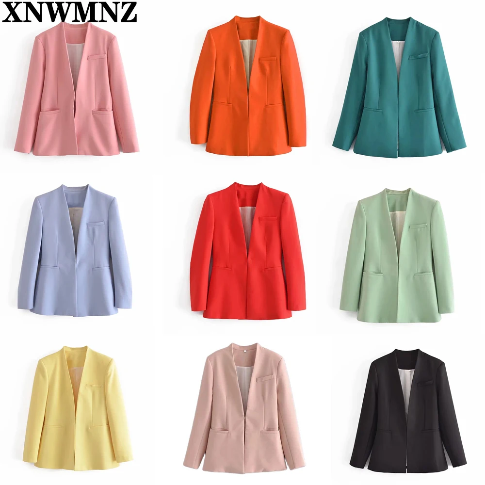 XNWMNZ 2021 New collarless blazer Female Green Blue Pink Casual Blazers Pant Set Office Lady Suit Jacket Slim Fit Women Coats