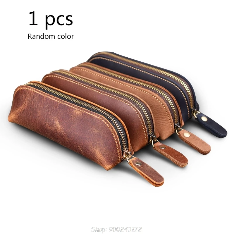 Handmade Cowhide Leather Pen Pouch Zipper Pencil Case Stationery Storage Bag 