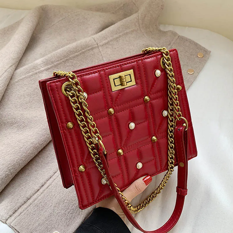 MSGHER/одноцветная женская сумка на плечо с жемчужинами в форме бриллиантов и заклепками, стиль, осенняя мода, женская сумка на застежке WB3061 - Цвет: Красный