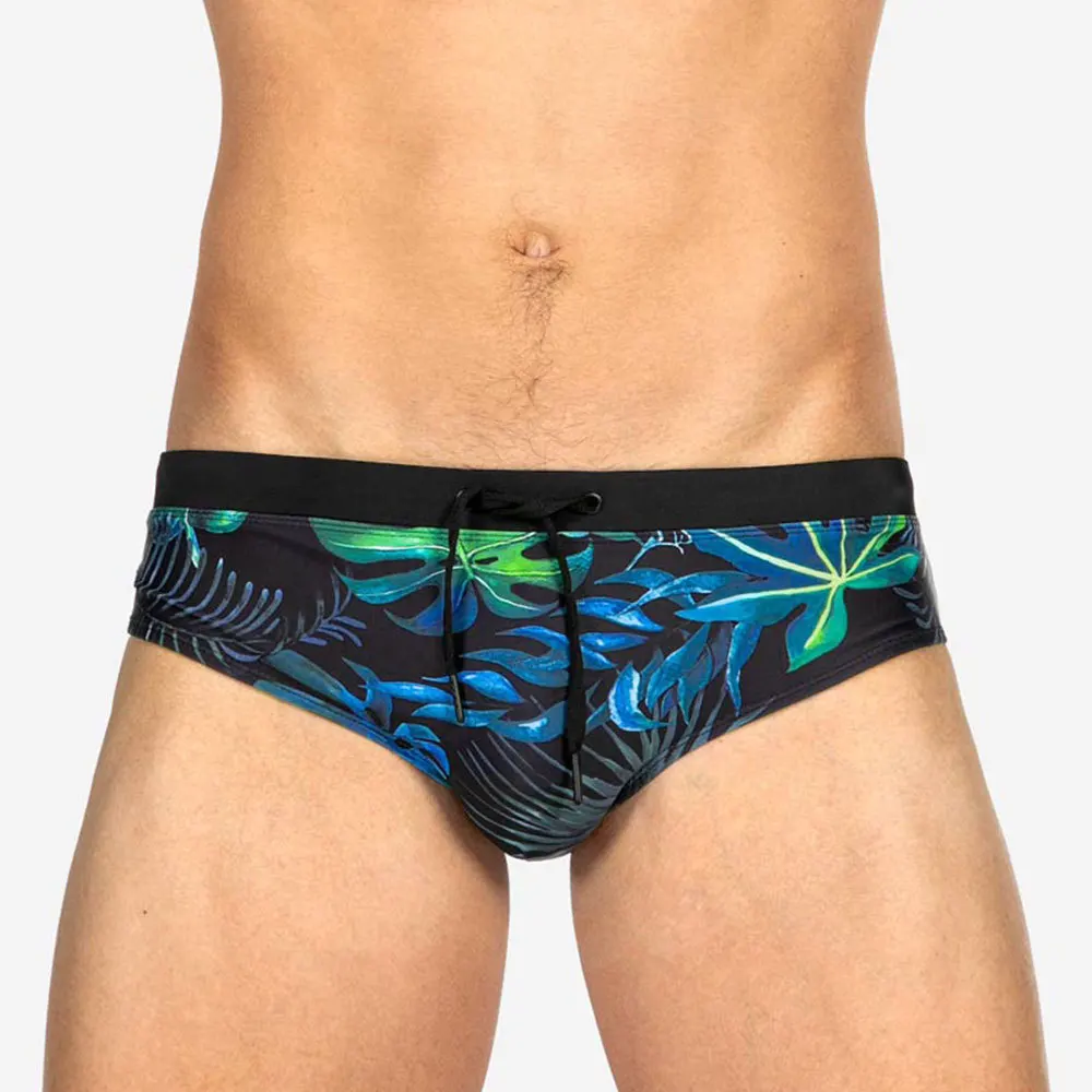 Mens Low Waist Swim Brief Bikini Swimwear Swimsuits Quick Dry Leaf Printed Breathable Summer Surf Trunk Beach Shorts