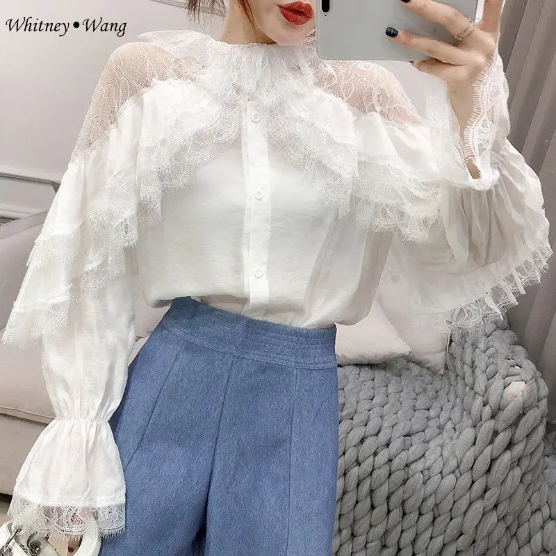 WHITNEY WANG футболка с длинным рукавом модная Уличная Сексуальная кружевная Лоскутная Блузка женская футболка - Цвет: Белый