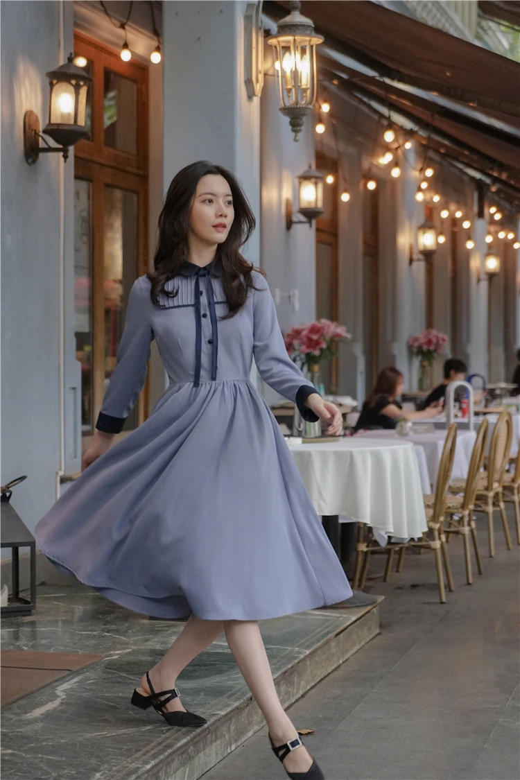 Autumn New Arrival Retro Hot Sale Peter Pan Collar Bowknot Woman Long Chiffon Dress