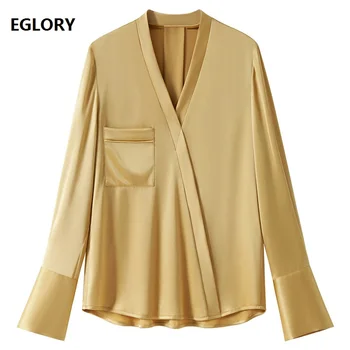 

Top Quality Silk Blouse 2019 Autumn Elegant Tops Shirt Women V-Neck Chest Pocket Patchwork Long Sleeve Yellow Blouse Shirt Femme