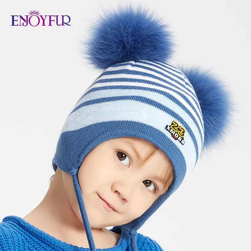 ENJOYFUR/зимняя детская шапка с двойным лисьим мехом и помпоном для мальчиков; вязаная шапка в полоску с ушками; плотные теплые хлопковые детские шапочки на осень