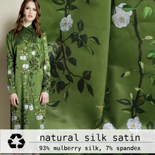 Зеленый Натуральный шелк ткань лоза цветочный принт стрейч сатин 19 мм 42 ''шелк тутовника эластичный китайский женский халат материал платья