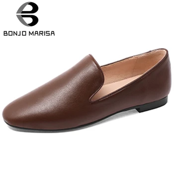 

BONJOMARISA Spring New Ladies Elegant slip-on OL Flats Office Comfort Genuine Leather Flats Women Casual Low Heels Shoes Woman