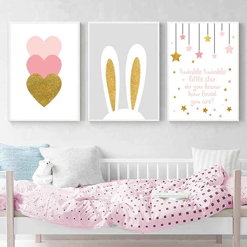 Pink Heart Cartoon Rabbit Wall Art Canvas Poster Nursery Quotes Print