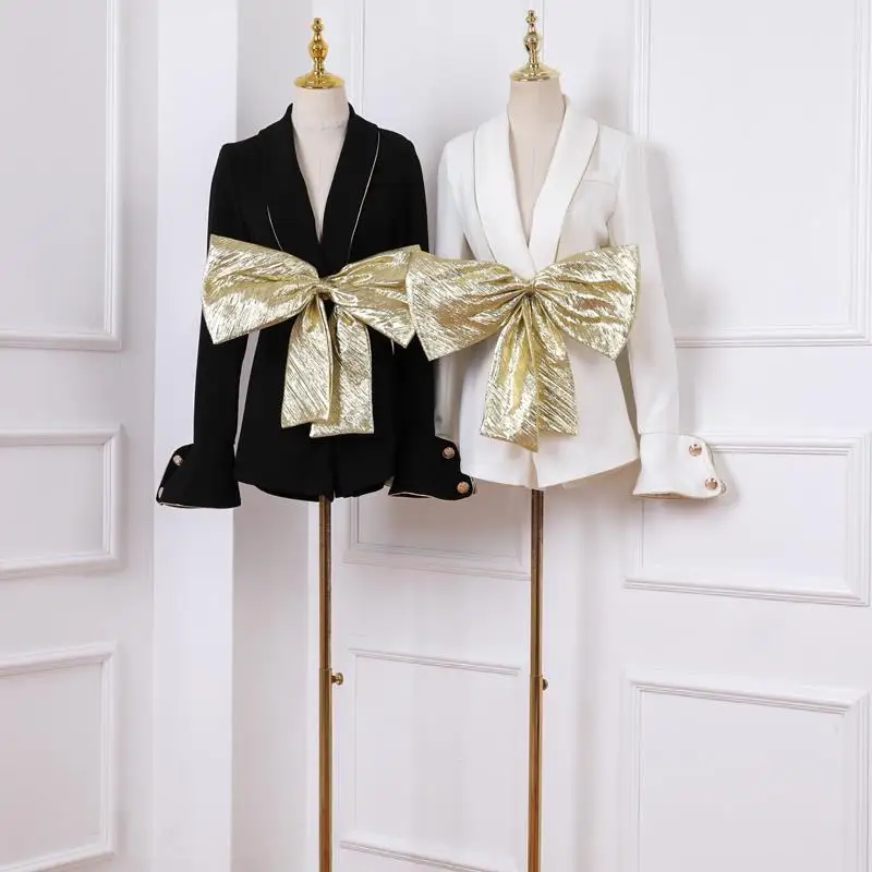 

Spring Temperament Lapel White Romper Solid Bow Belt V-Neck Waist Slim Long-Sleeved Elegant Jumpsuit