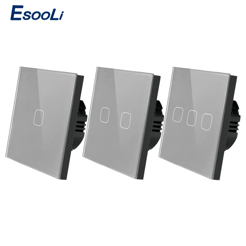 Esooli стандарт ЕС/Великобритании, 1/2/3 местный 1 позиционный сенсорный выключатель серого цвета с украшением в виде кристаллов Стекло Панель сенсорный выключатель светильник стены только сенсорный Функция переключатель