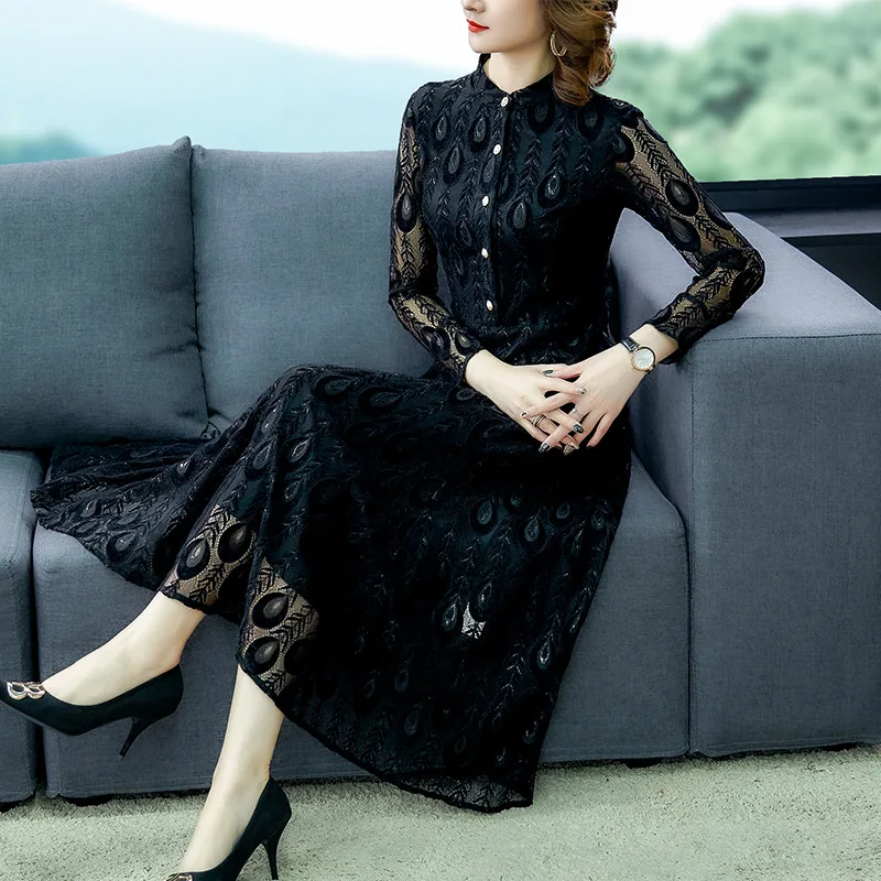 

2020 Spring New Style Lace Embroidered Slimming Large Size Dress Mid-length over-the-Knee Western Style Skirt Women's