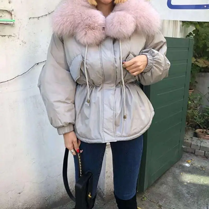 Зимнее пальто с высокой талией, хлопковое Женское пальто с меховым воротником, плюс размер, плотная теплая парка, Корейская тонкая короткая пуховая стеганая куртка