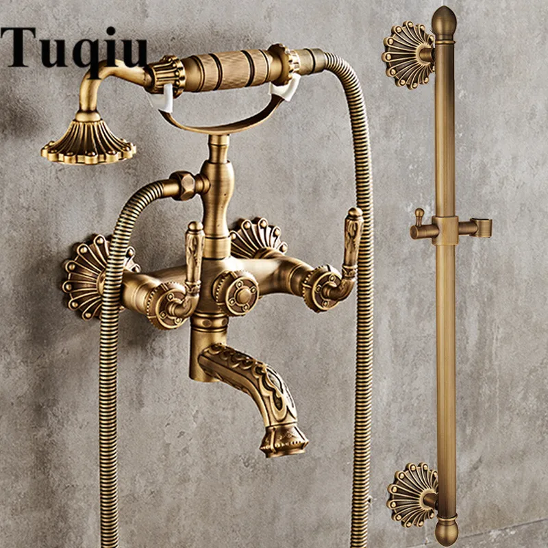 

Antique Brass Carved Bathtub Shower Faucets Set Dual Knobs Mixer Tap Wall Mounted Bath Shower Set Swivel Tub Spout Bath Shower