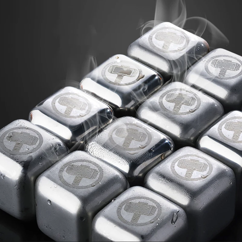 Reusable Golden Square Stainless Steel Stones Ice with Box Clip Cubes Champagne Cooler Wine Whiskey Chilling Rocks