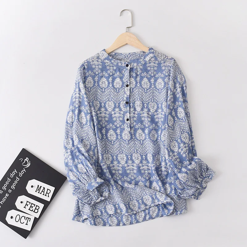 

Shuchan 2019 Fall Womens Tops and Blouses Cotton Blend Indie Folk Stand Neck Print Geometric Women Long Sleeve Shirts blue
