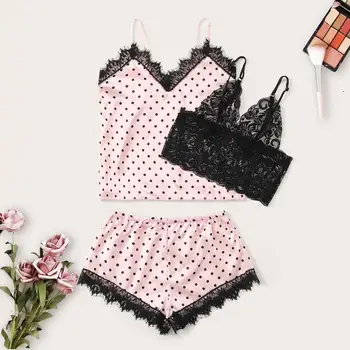 

3PC Sexy Satin Sleepwear Set Women Lace Dot Printing Lingerie Camisole Shorts Pajamas Set Conjunto Cueca 2019 New Hot Sale YE