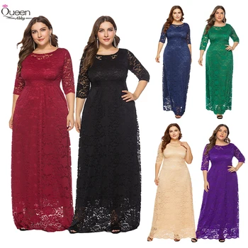 

Plus Size Half Sleeves Lace Floor-length Evening Dress A-line Scoop Dress with Pockets for Party
