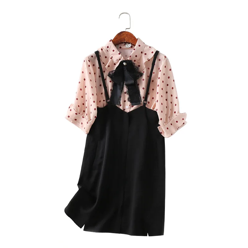 

One's Polka Dot Bow Lace-up Shirt Camisole Skirt Two-Piece Set Entity