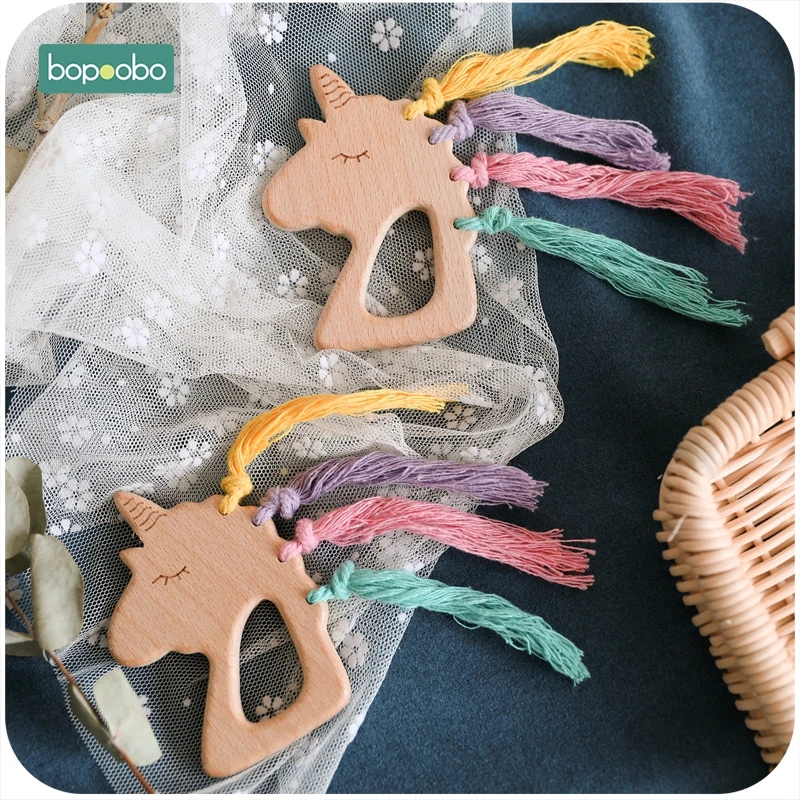 

Bopoobo 1pc Baby Wooden Teether Beech Wooden Unicorn Pandent Rodent Toys Cotton Rope DIY Nursing Necklace Gift Children'S Goods