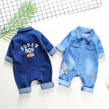 

2020 Baby Boys Long Sleeve Lapel Collar Denim Jeans Cartoon Rompers Infant Girls Casual Jumpsuits Kids Clothes