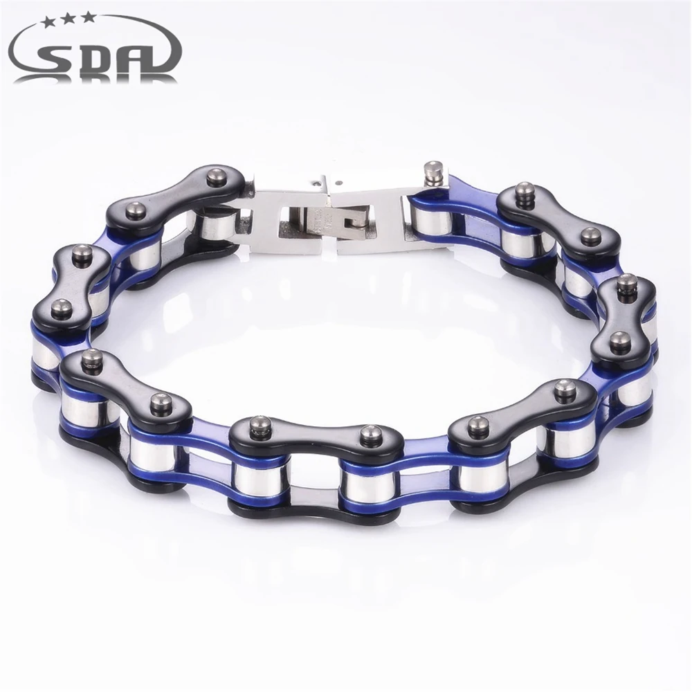 

New Punk Trendy 316L Stainless Steel Link Chain Sky Blue Bracelet 10mm Men Biker Chain Deep Black Jewelry High Polishing YM146