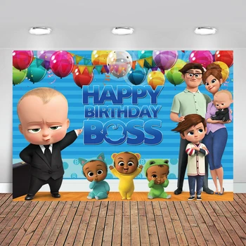 

Little Men Boss Baby Birthday Party Backdrop for Photo Studio Blue Theme Balloons Flag Photography Backgrounds 7x5FT Vinyl