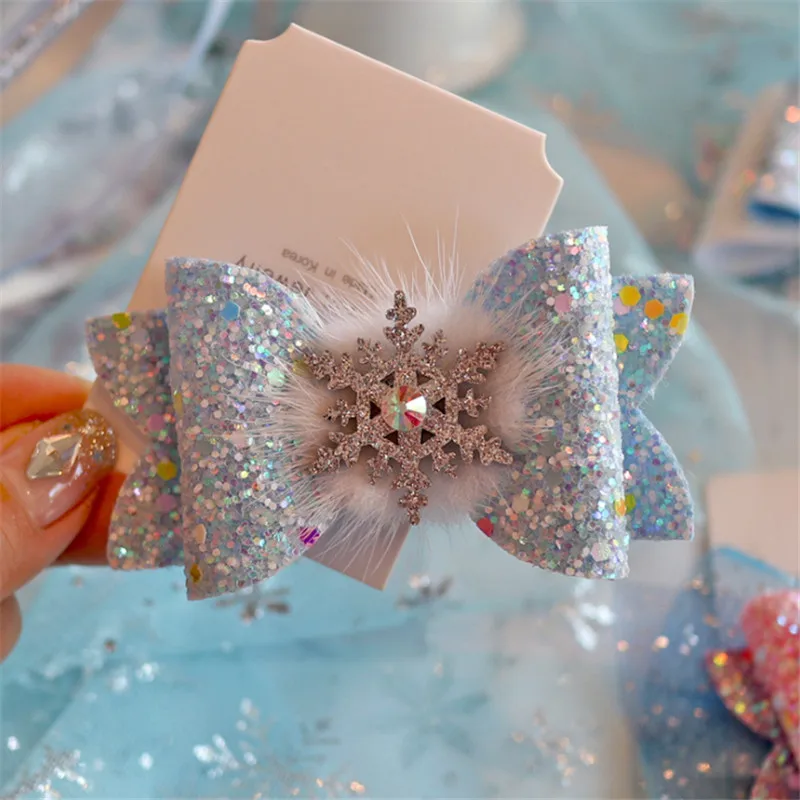 5pcs/lot Christmas Glitter Snowflake Hair Bows For Girls Handmade Double Layered Hairgrips Dance Party Girls Hair Accessories