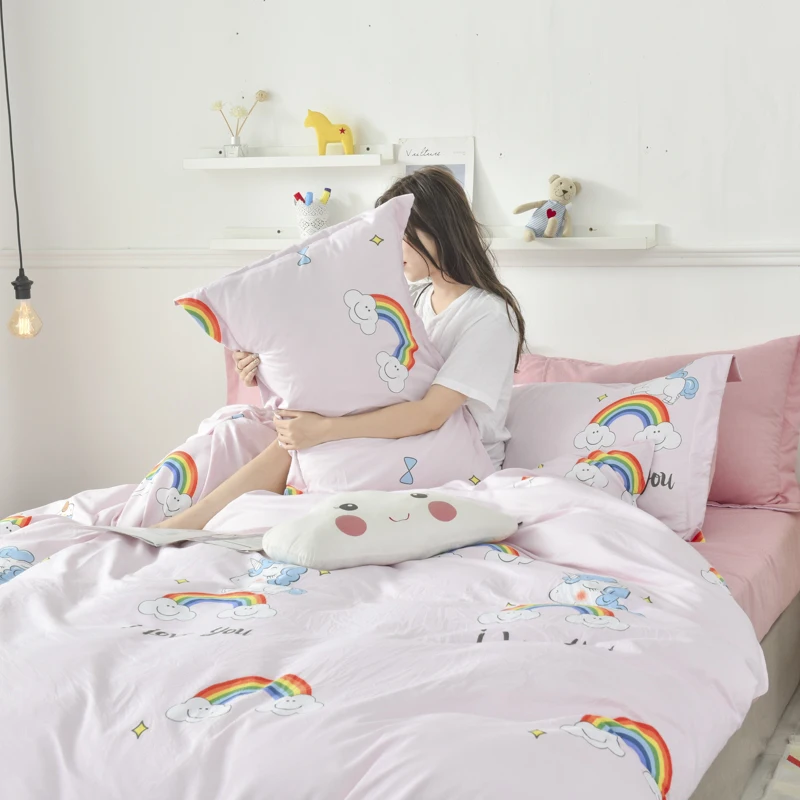Little Fresh Style Washed Cotton 4pcs Duvet Cover Bed Sheet Pillowcase Rainbow Horse Butterfly Flowers Leaves Full Queen King
