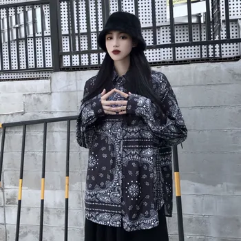 

High Street Vintage Print Women Shirt Casual Black Buttons Women Clothes Long Sleeve Korean Womens Clothing Large Size BB60NCS