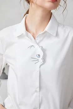 

Cute Cat Embroidery Women's White Blouse Ladies Casuasl Office Wear Long Sleeve Shirt Turn-down Collar Shirts Top Clothes 2020