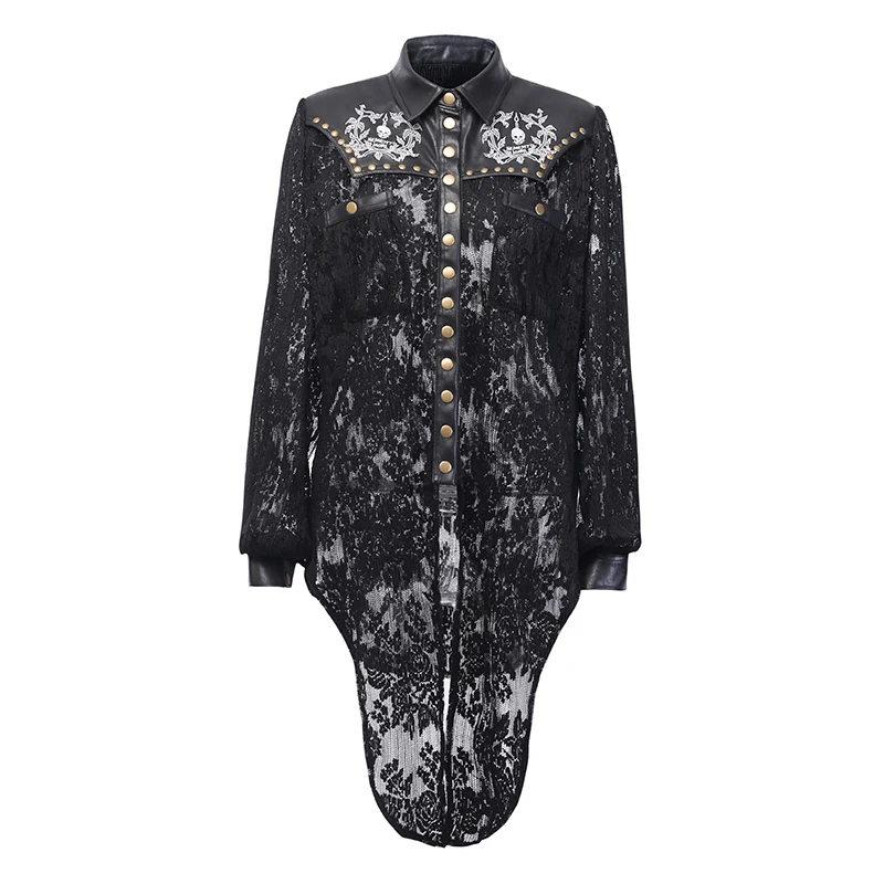 Greatest  InsGoth Women PU Leather Jacket Gothic SKull Embroidery Coat Leather Patchwork Hollow Out Lace Up G