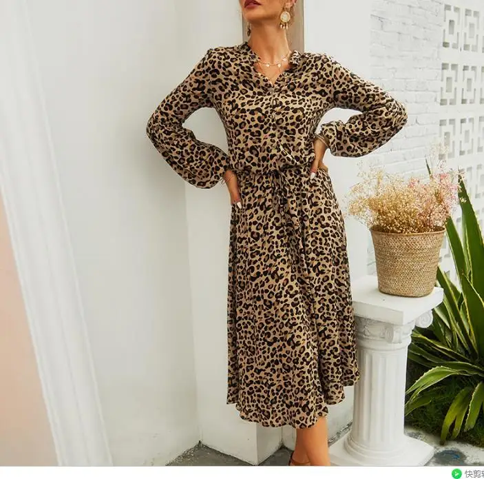 

Spring and summer women 2020 new leopard print long-sleeved mid-length dress casual loose women's clothing