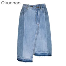 Okuohao, джинсовая женская юбка с высокой талией, до колена, пэтчворк, богиня, юбка,, джинсы, юбки для женщин, юбка миди, юбка джинсовая