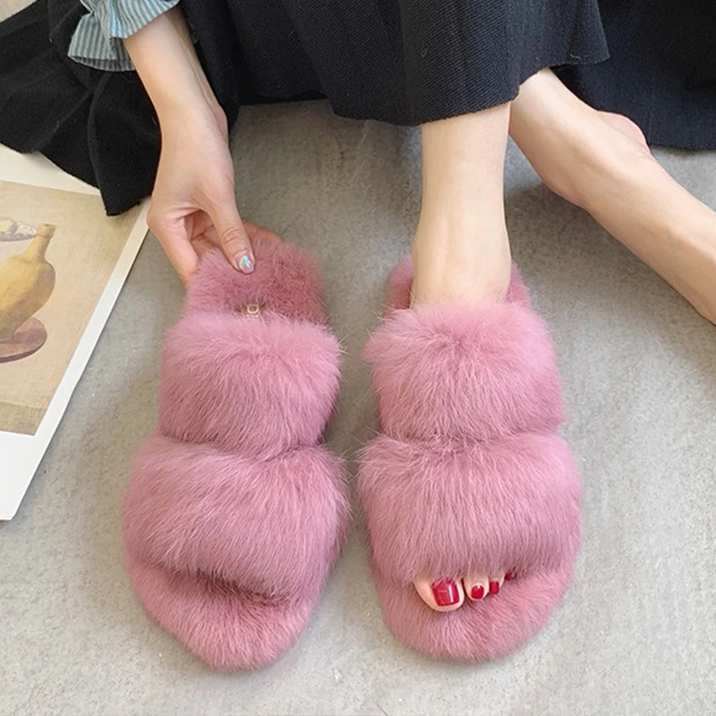 2019 New Winter Soft Furry Slippers Warm Flip Flops Flat Bedroom House Home Indoor Slippers Plush Cute Slippers Women Fur Slides