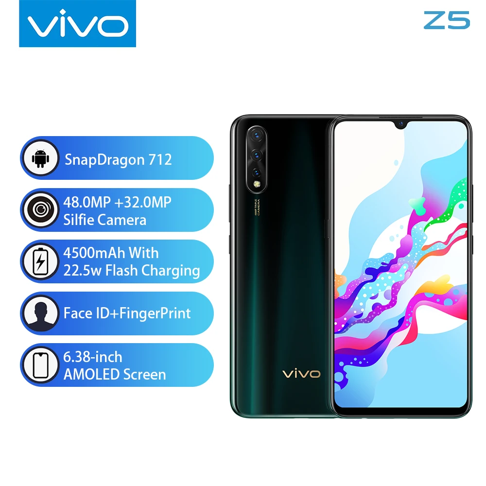 Tanie Vivo Z5 telefon komórkowy 8G 128G Snapdragon712 4500mAh Celular duża bateria Super ekran amoled 48MP 32.0MP aparat potrójny Smartphone