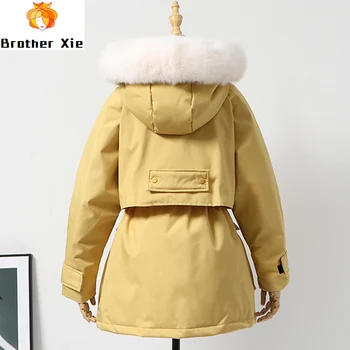 

2020 New Winter Women Down Jacket Loose Coats Thick Hooded White Duck Down Parka Large Faux Fur Collar Sash Tie Up Coat