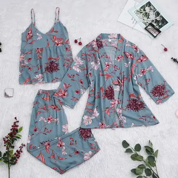 

Autumn Women Print Pijamas Set Three Pieces Sleeveless Camisole Sleep Tops Elastic Waist Pants And Robe Women Homewear