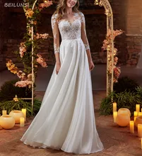 

Simple Vestido De Noiva 2022 Wedding Dresses A-line Sheer Neck 3/4 Sleeves Tulle Appliqued Boho Wedding Gown Bridal Dresses