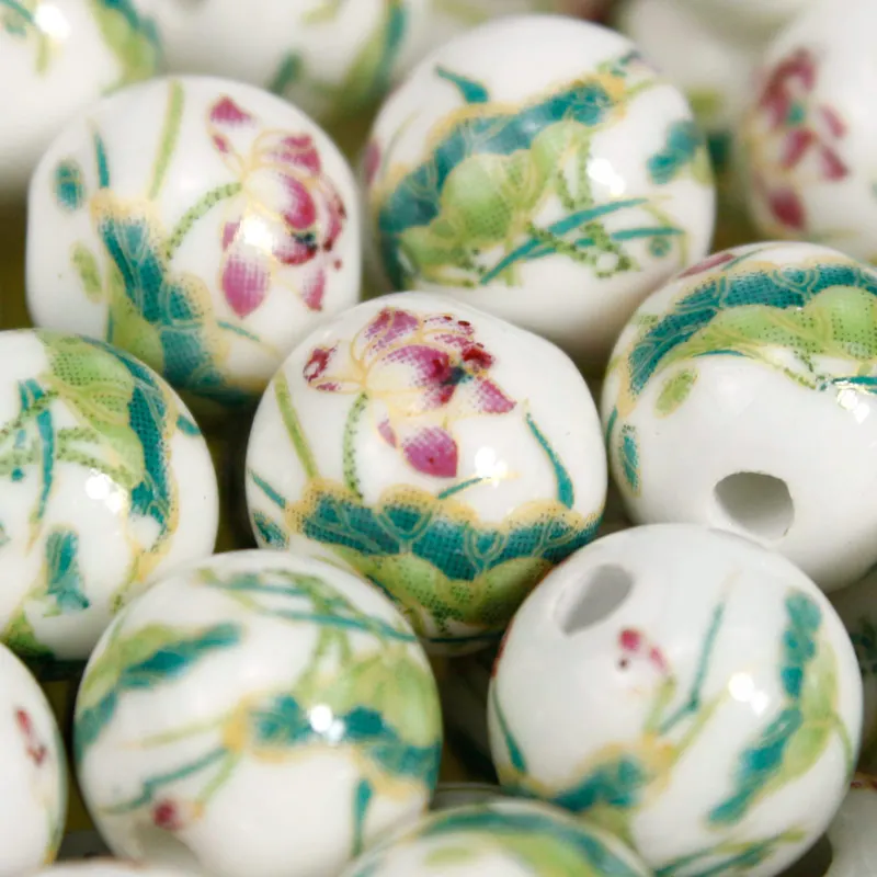 

20PCS/Lot Ceramic Beads for Making Jewelry 10MM Lotus flower Pattern String Round Bead to Diy Bracelet or Necklace