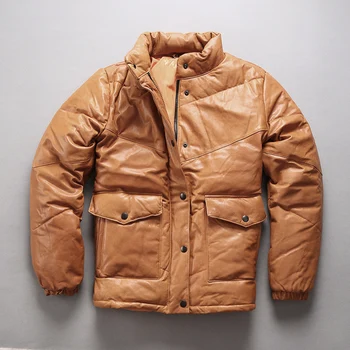 

AVFLY genuine jacket stand collar short thick vegetable tanning goatskin leather down coat for men yellow green